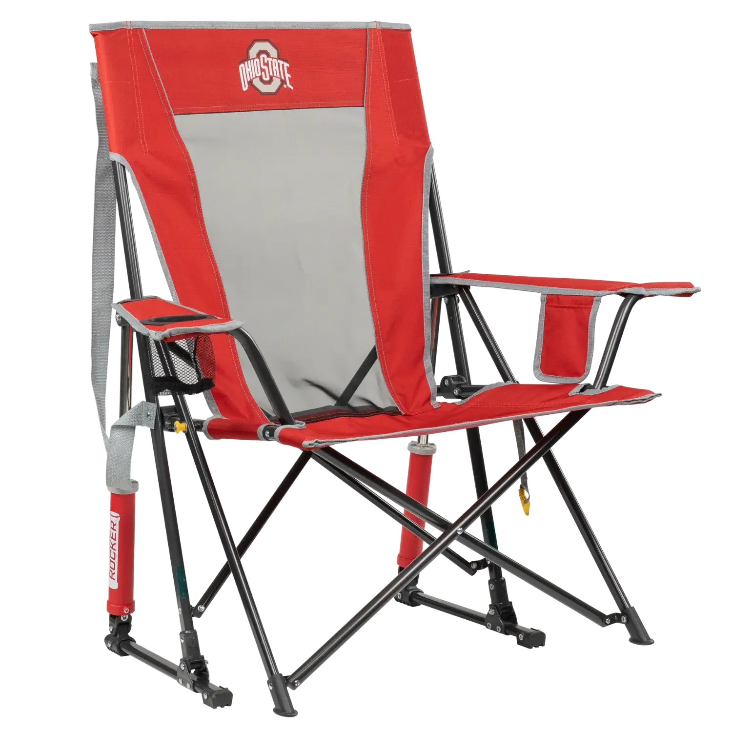 Side angle of Comfort Pro Rocker with Ohio State University print.