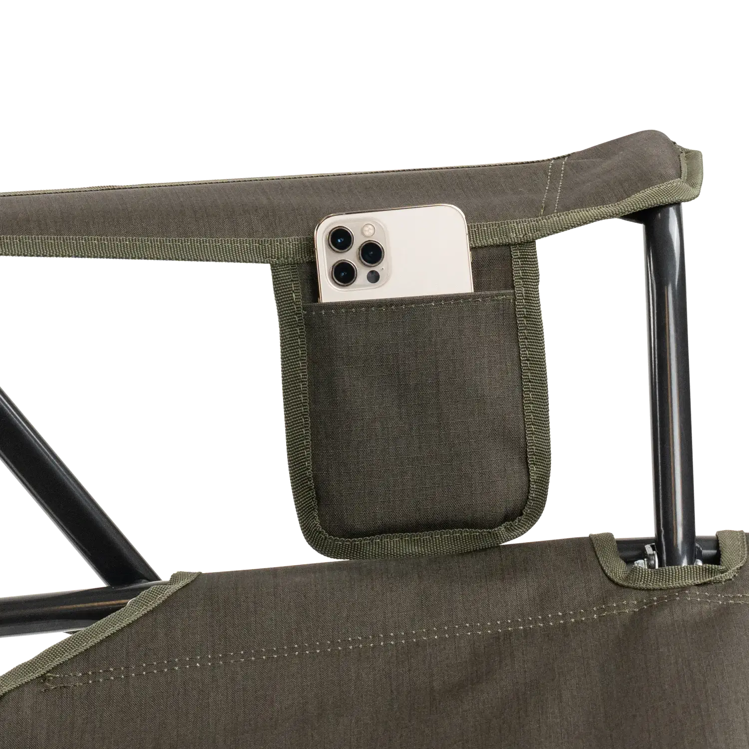 Close-up of the phone holder on the heathered olive Comfort Pro Rocker XL.