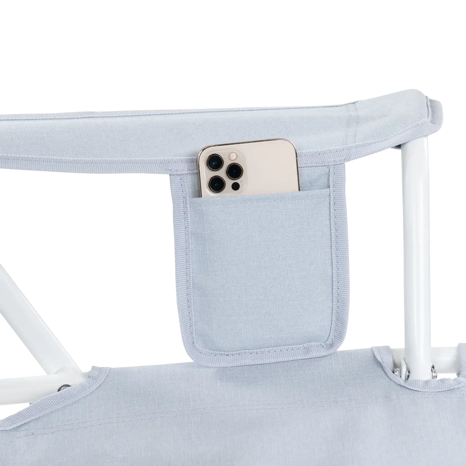 Phone holder and arm rest of the Heathered Light Blue Comfort Pro Rocker XL.