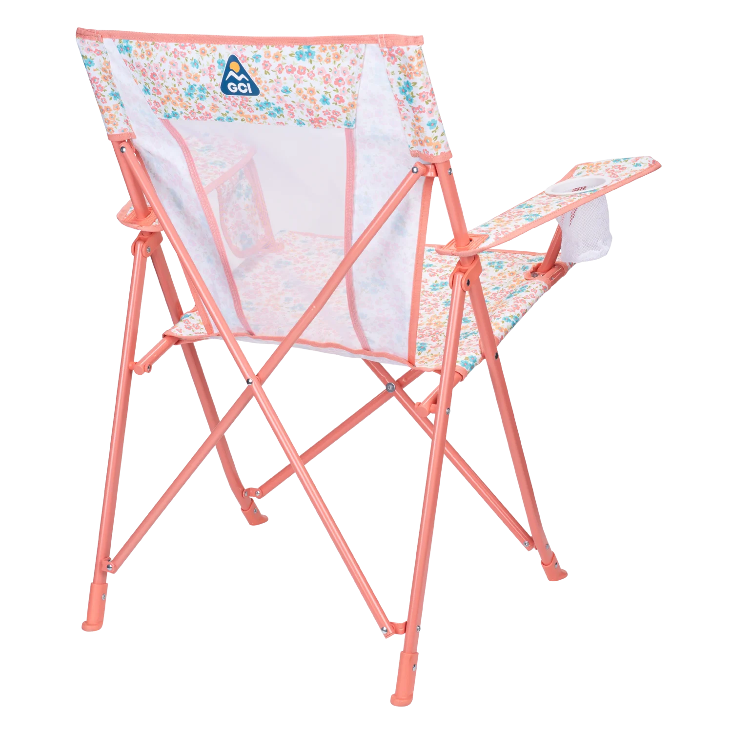 Back right angle of the Comfort Quad Chair in coral sundress print.