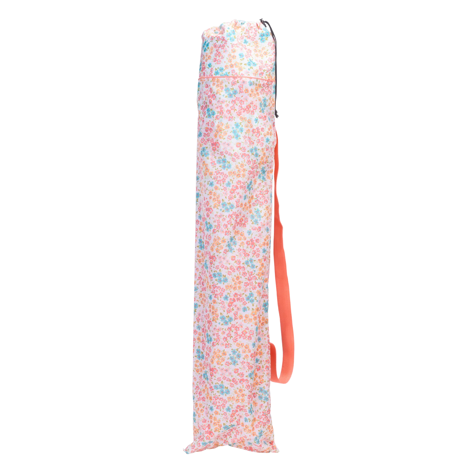 The coral sundress Comfort Quad Chair folded up in a carry bag.