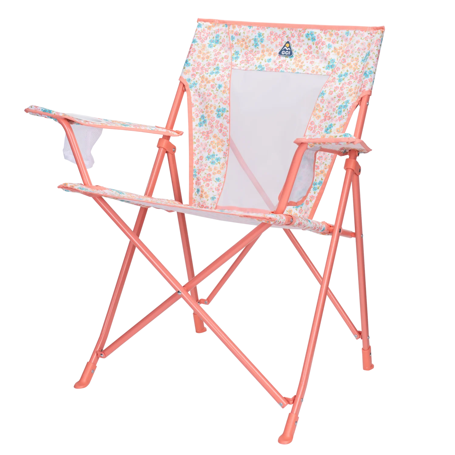 Front left angle of the Comfort Quad Chair in coral sundress print.