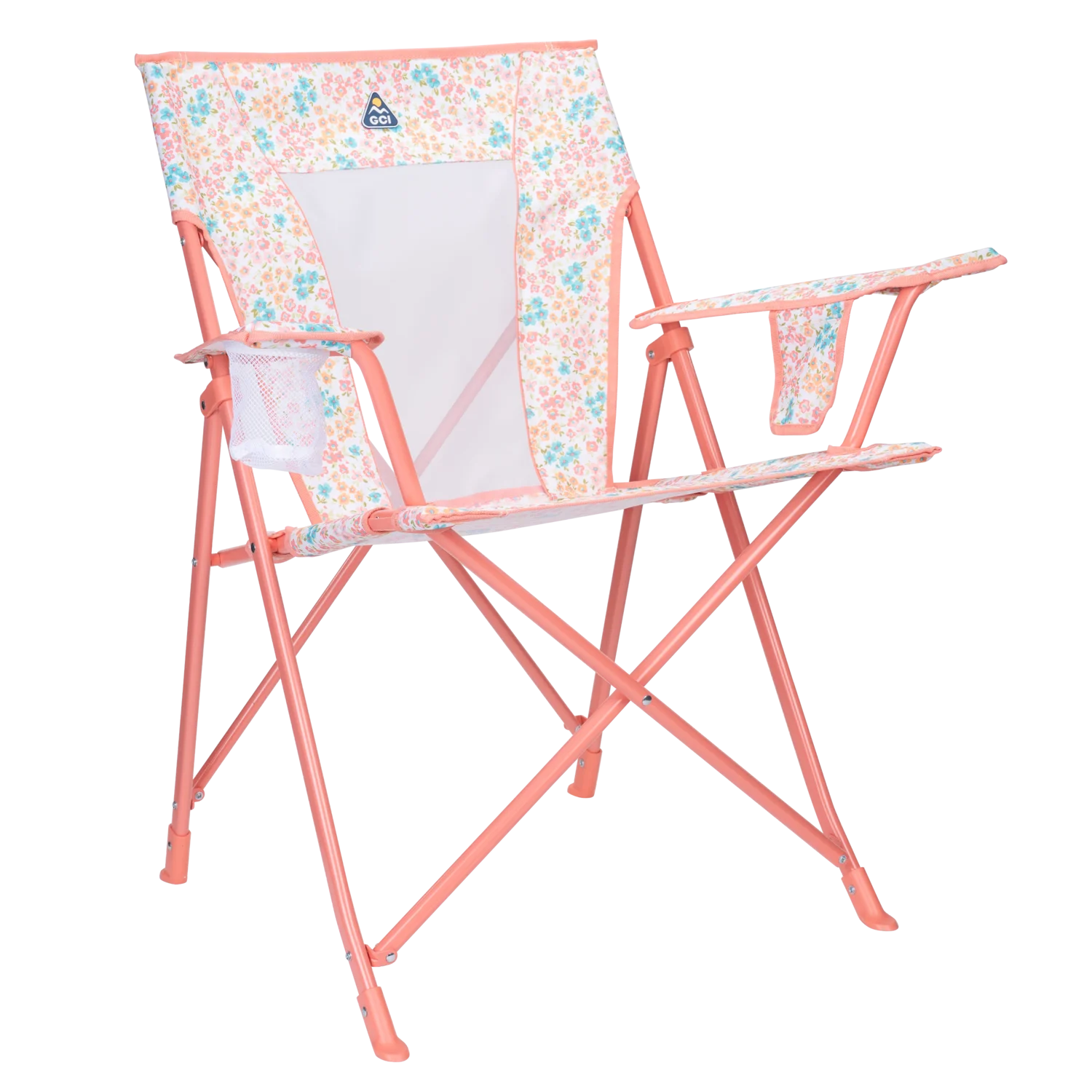 Front right angle of the Comfort Quad Chair in coral sundress print.