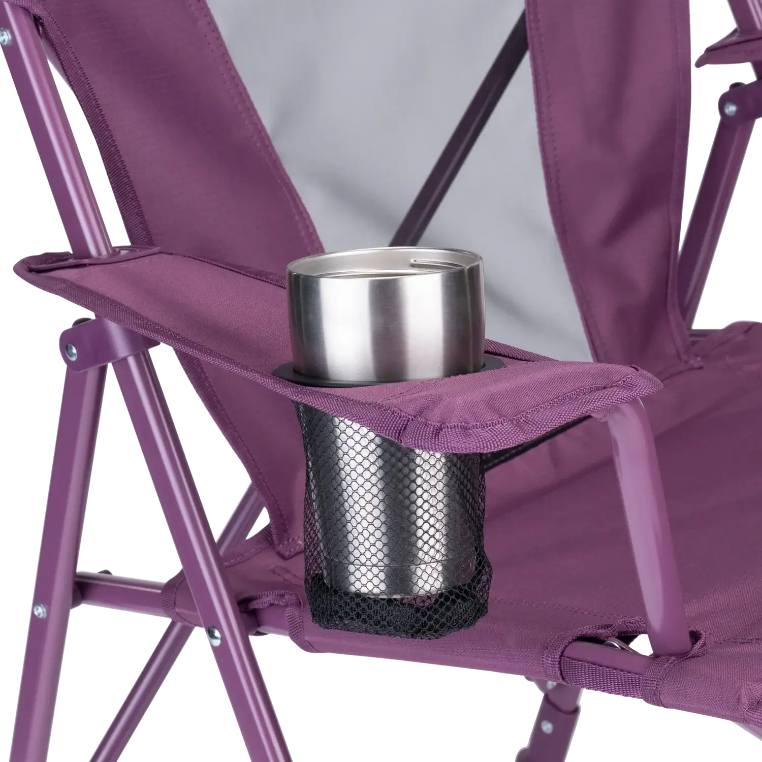 Close-up of the phone holder pocket on the Comfort Quad Chair in pastel amethyst.