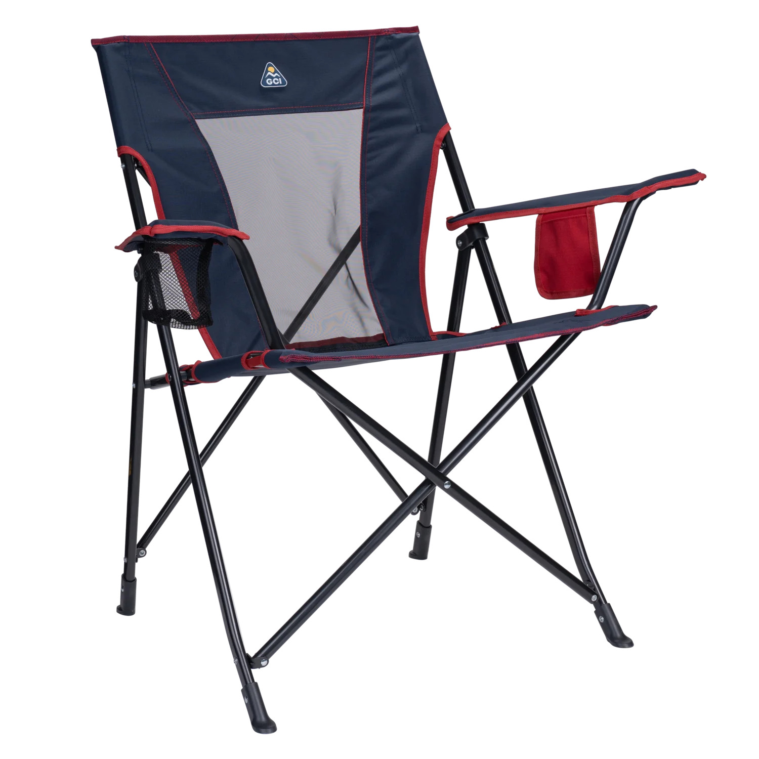 The front right angle of the indigo/red Comfort Quad Chair.