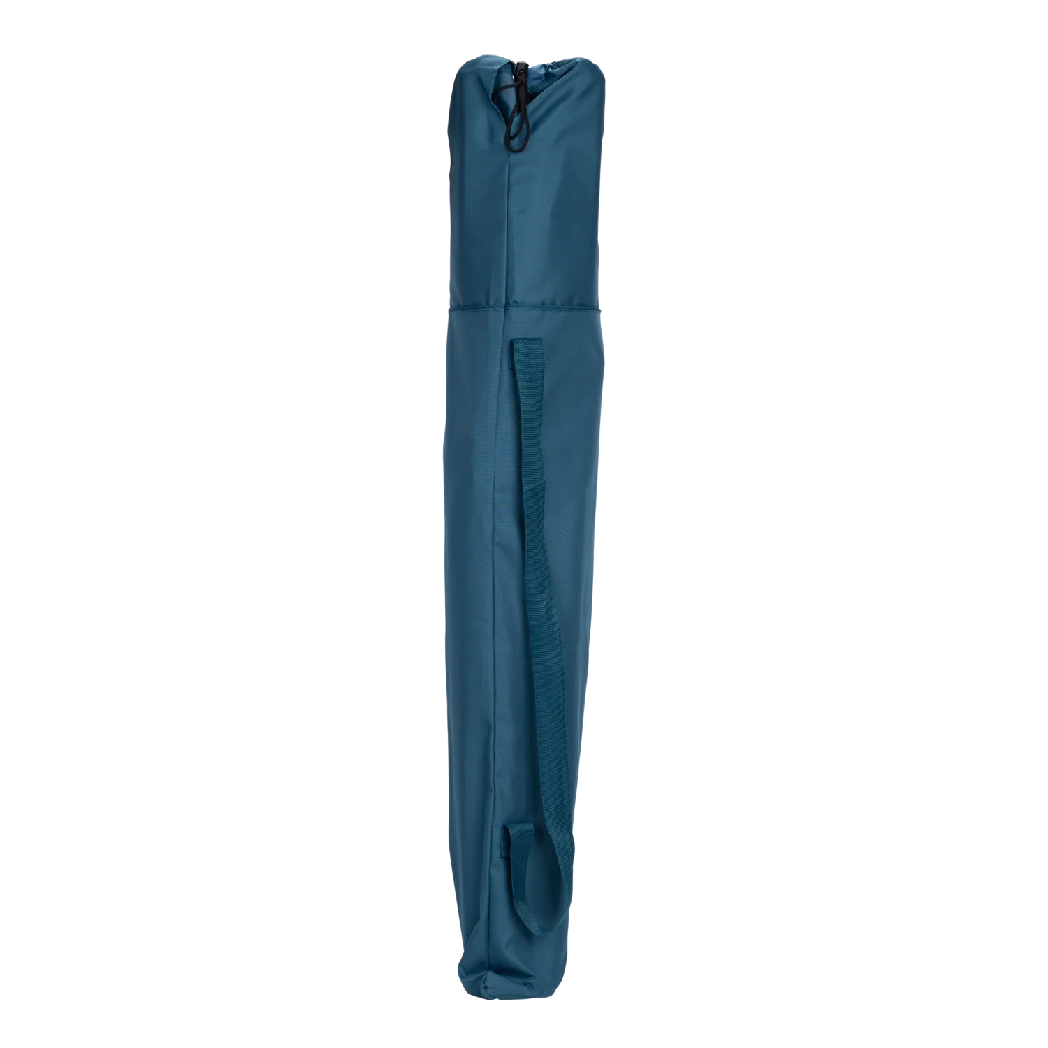 The teal eazy chair folded up in a carry bag.