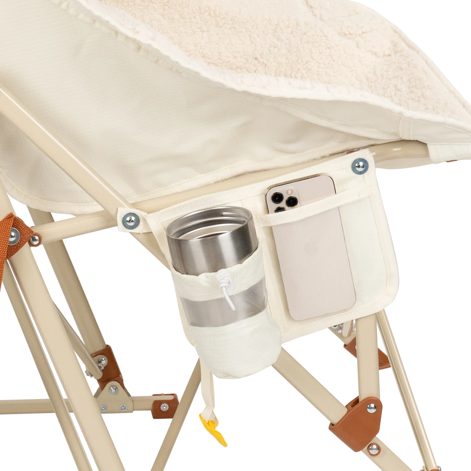 Close up view of the beverage holder and phone pocket on the natural Fleece Rocker.