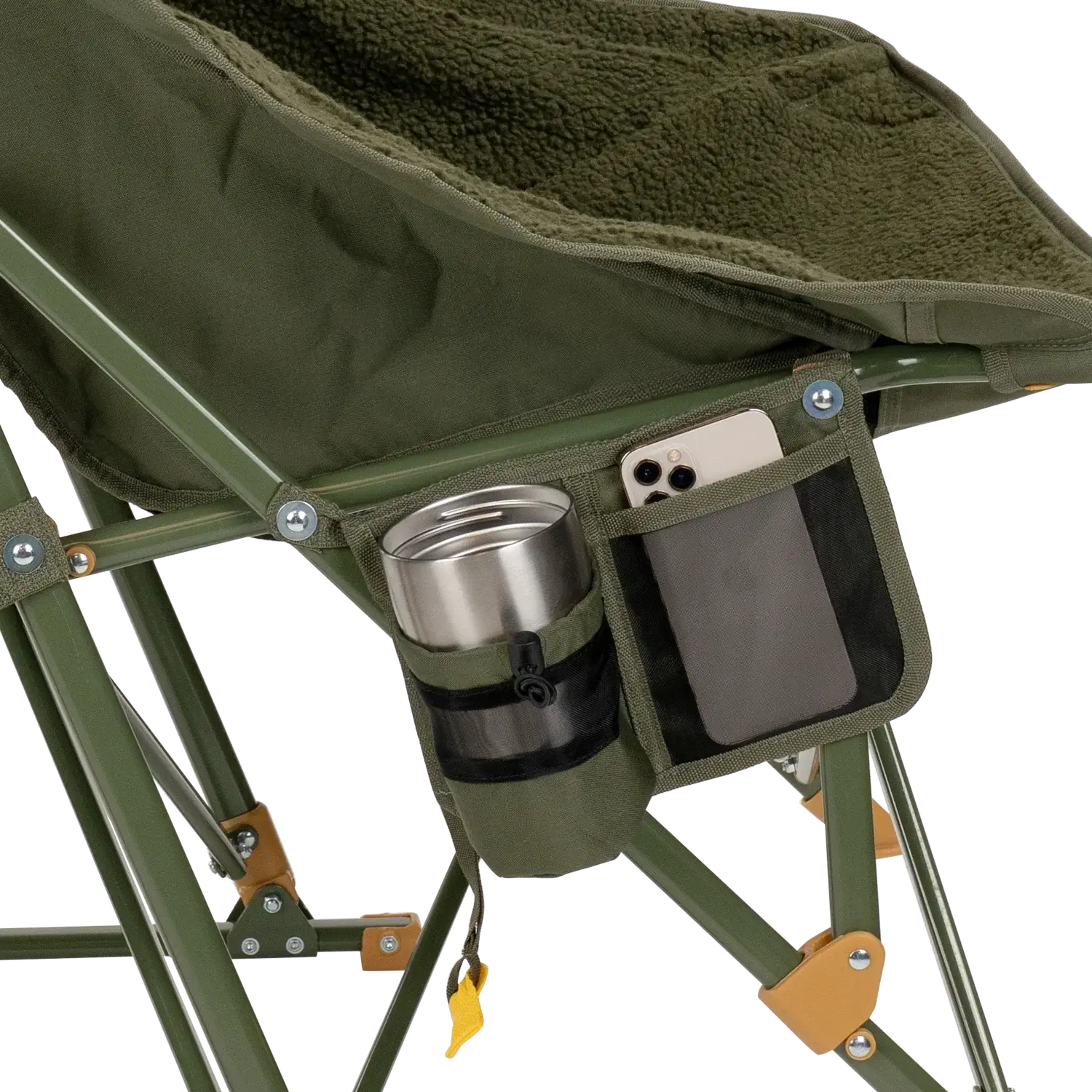 Close up view of the beverage holder and phone pocket on the olive Fleece Rocker.