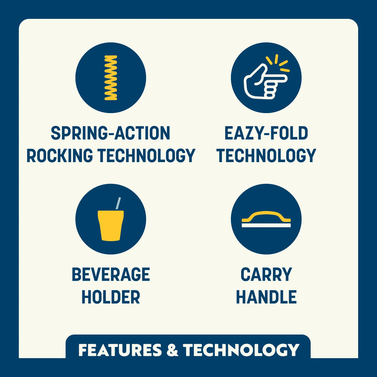 Feature callout for the Freestyle Rocker featuring spring action technology, eazy-fold technology, breathable mesh backrest, and carry handle.