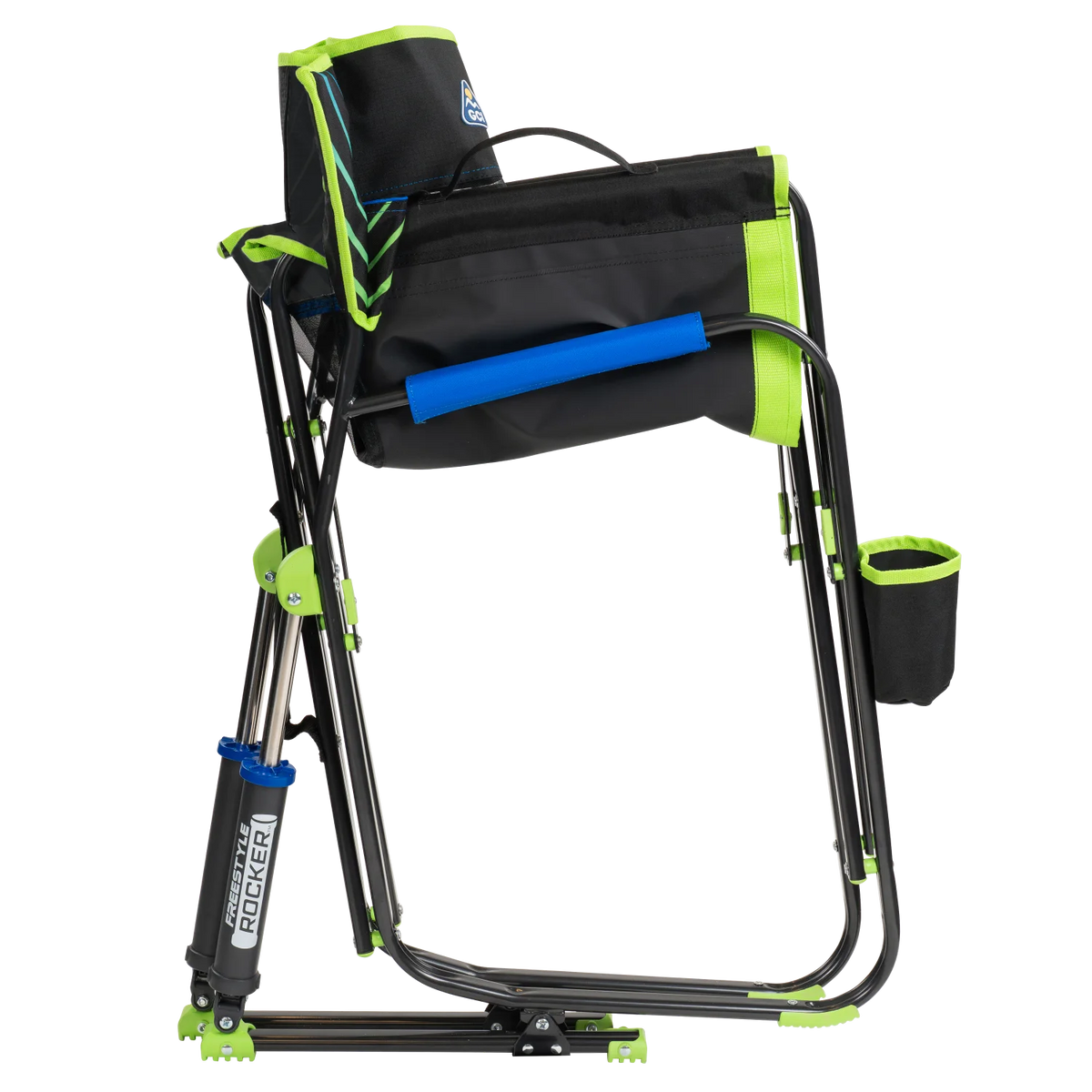 Side view of the folded Freestyle Rocker in blue/green shockwave.
