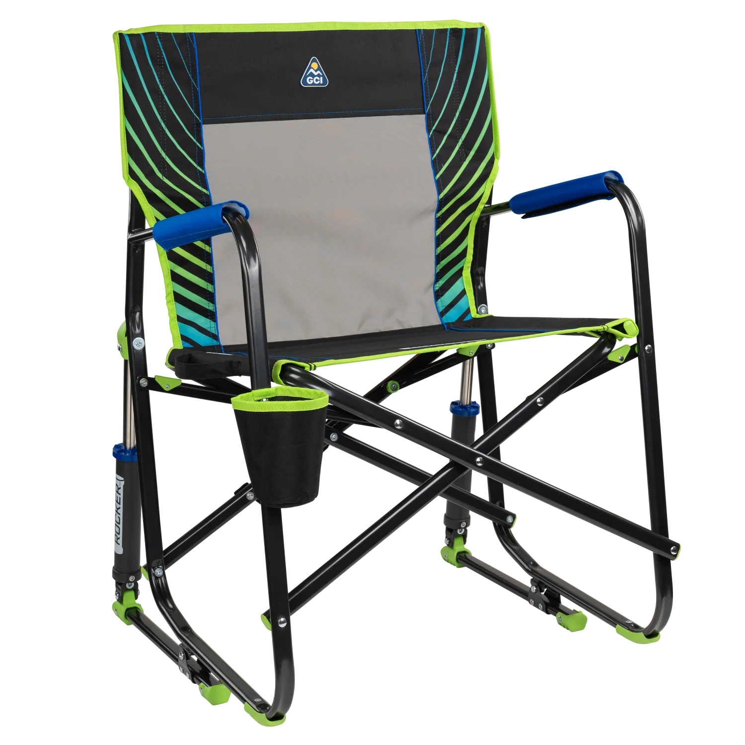 Front right view of the blue/green shockwave Freestyle Rocker.