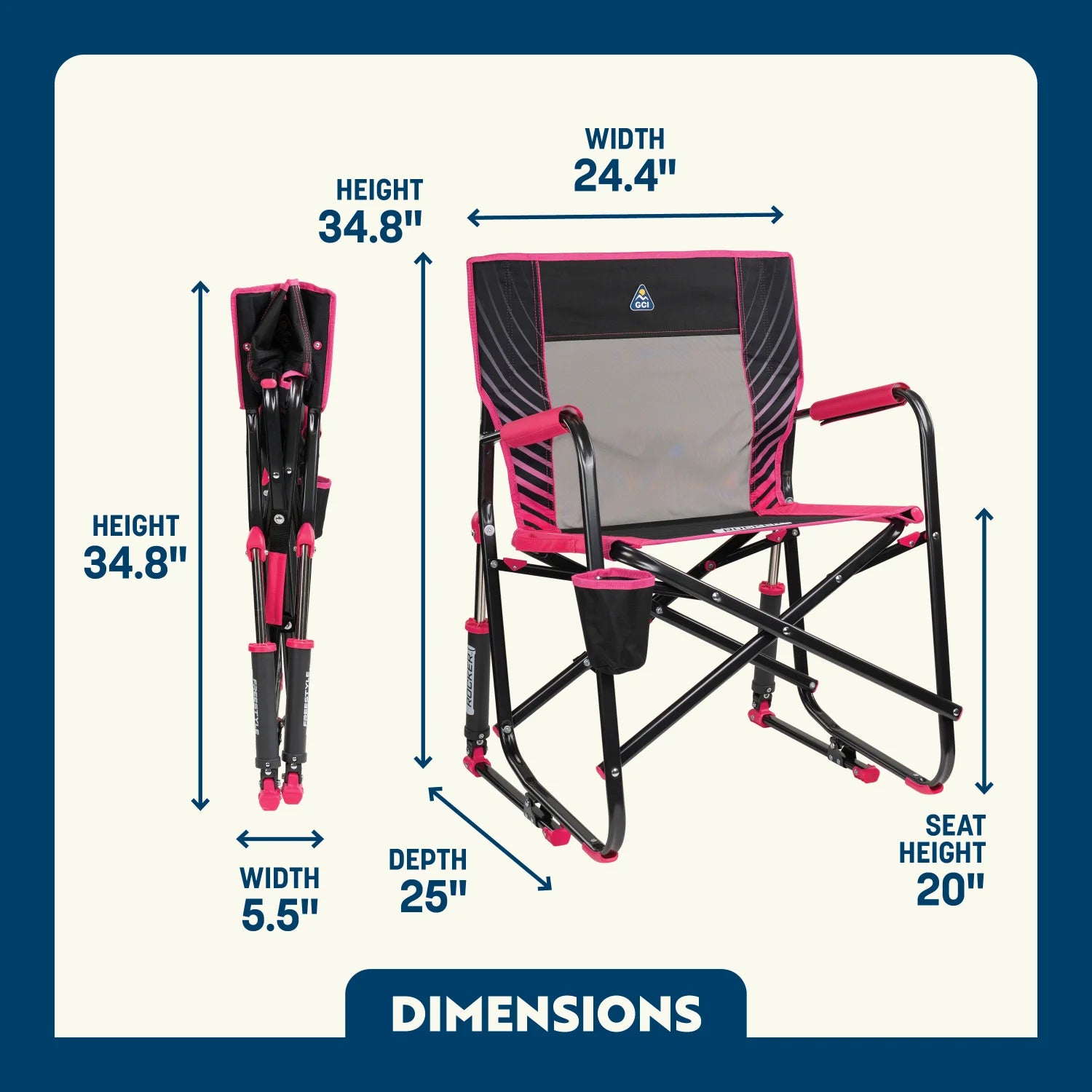Dimension overview of the Freestyle Rocker open and folded, showing labeled seat height, width, depth, and back height.