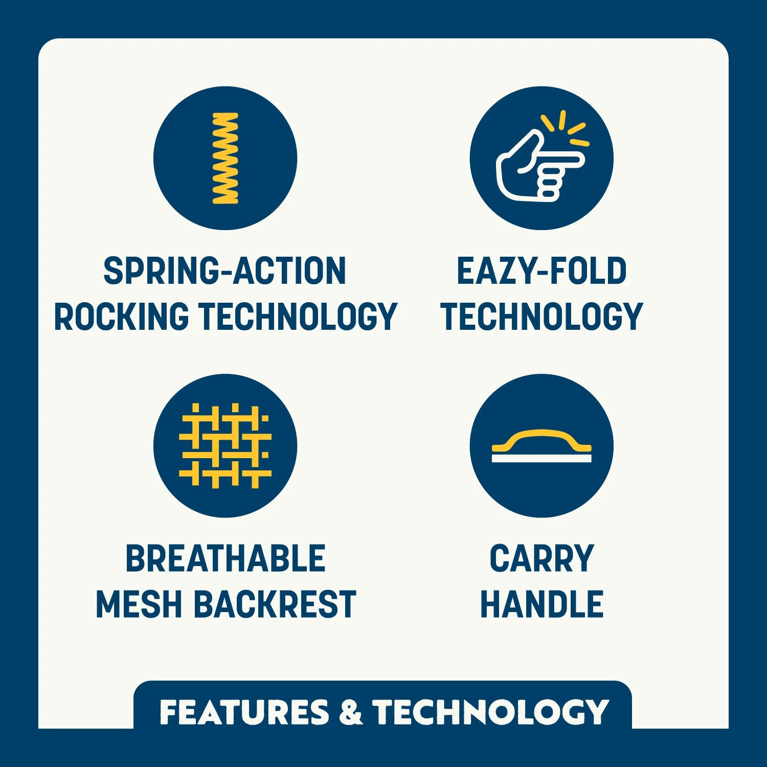 Feature callout for the Freestyle Rocker featuring spring action technology, eazy-fold technology, breathable mesh backrest, and carry handle.