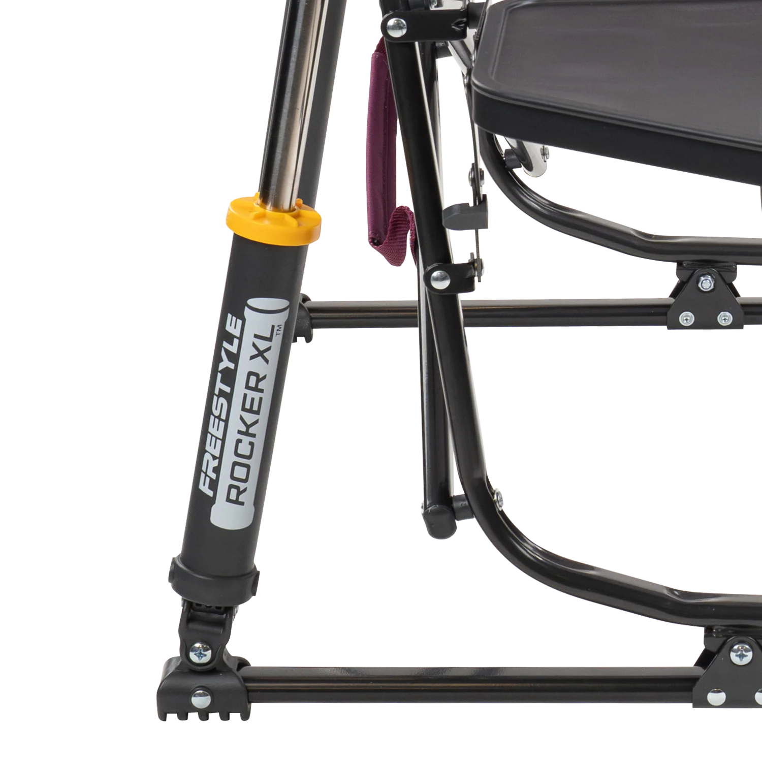 Close-up of the Spring-Action shocks on the berry Freestyle Rocker XL with Side Table.