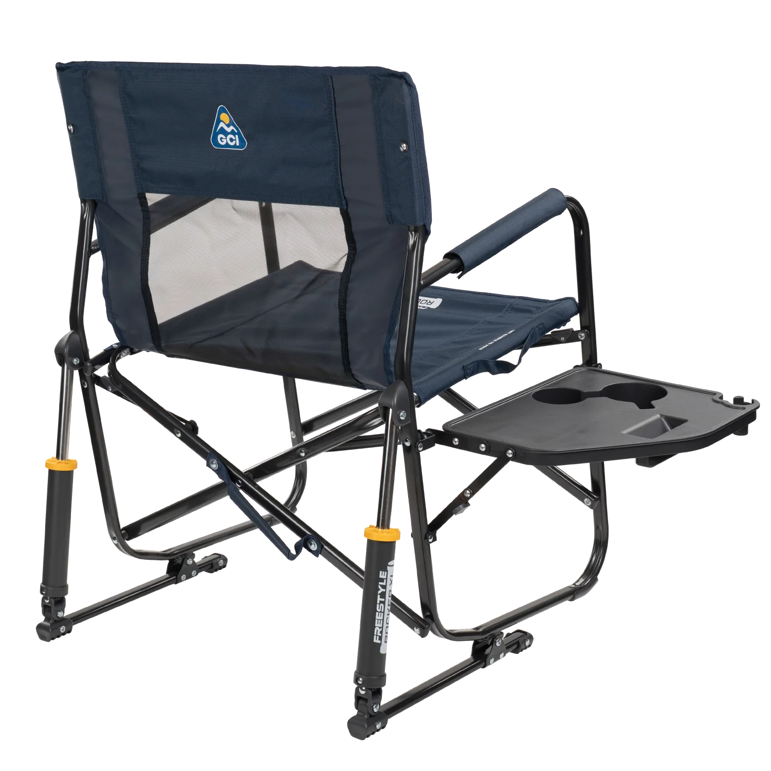 Back right view of the indigo Freestyle Rocker XL with Side Table with the side table folded out.