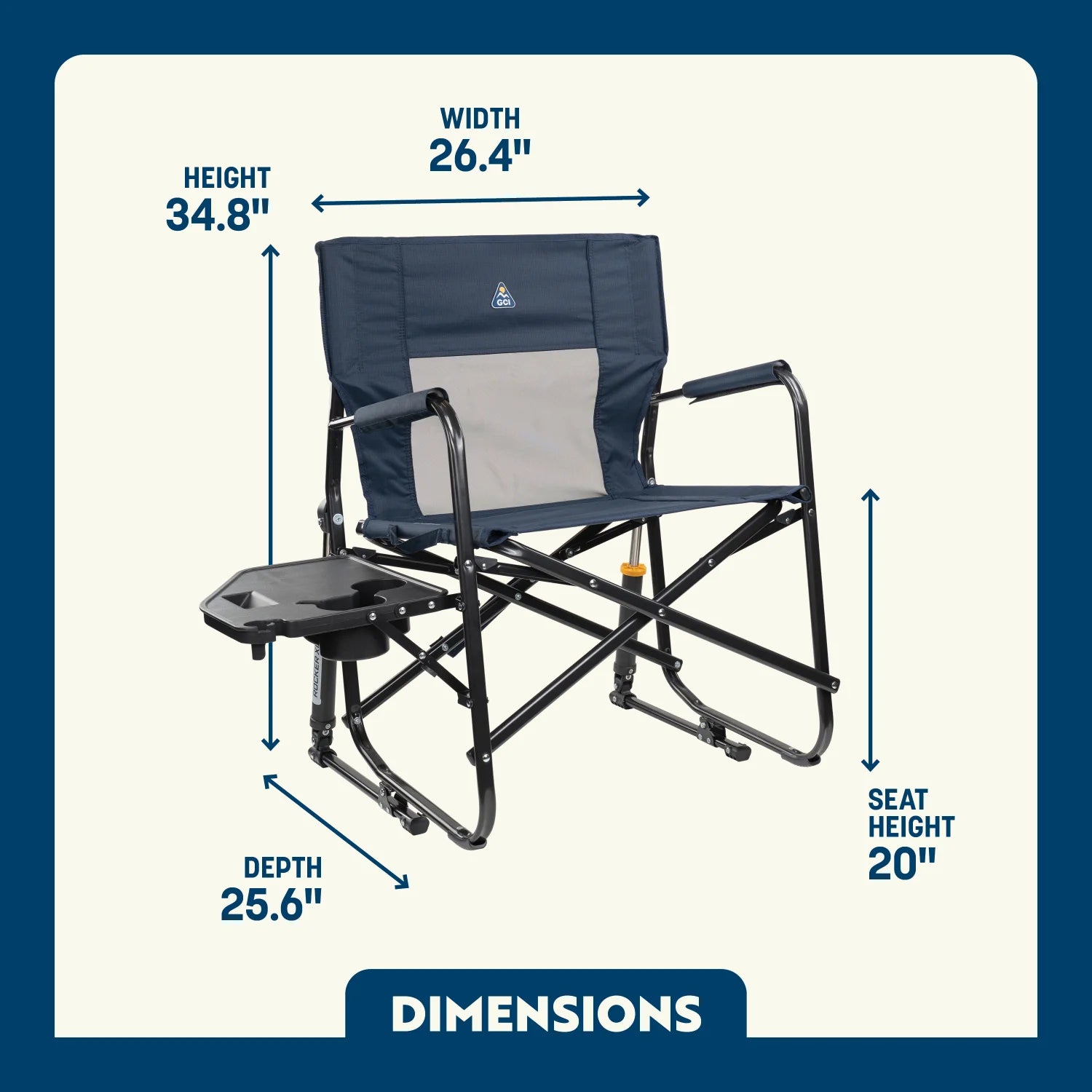 Dimension overview of the Freestyle Rocker XL with Side Table, showing labeled seat height, width, depth, and back height.