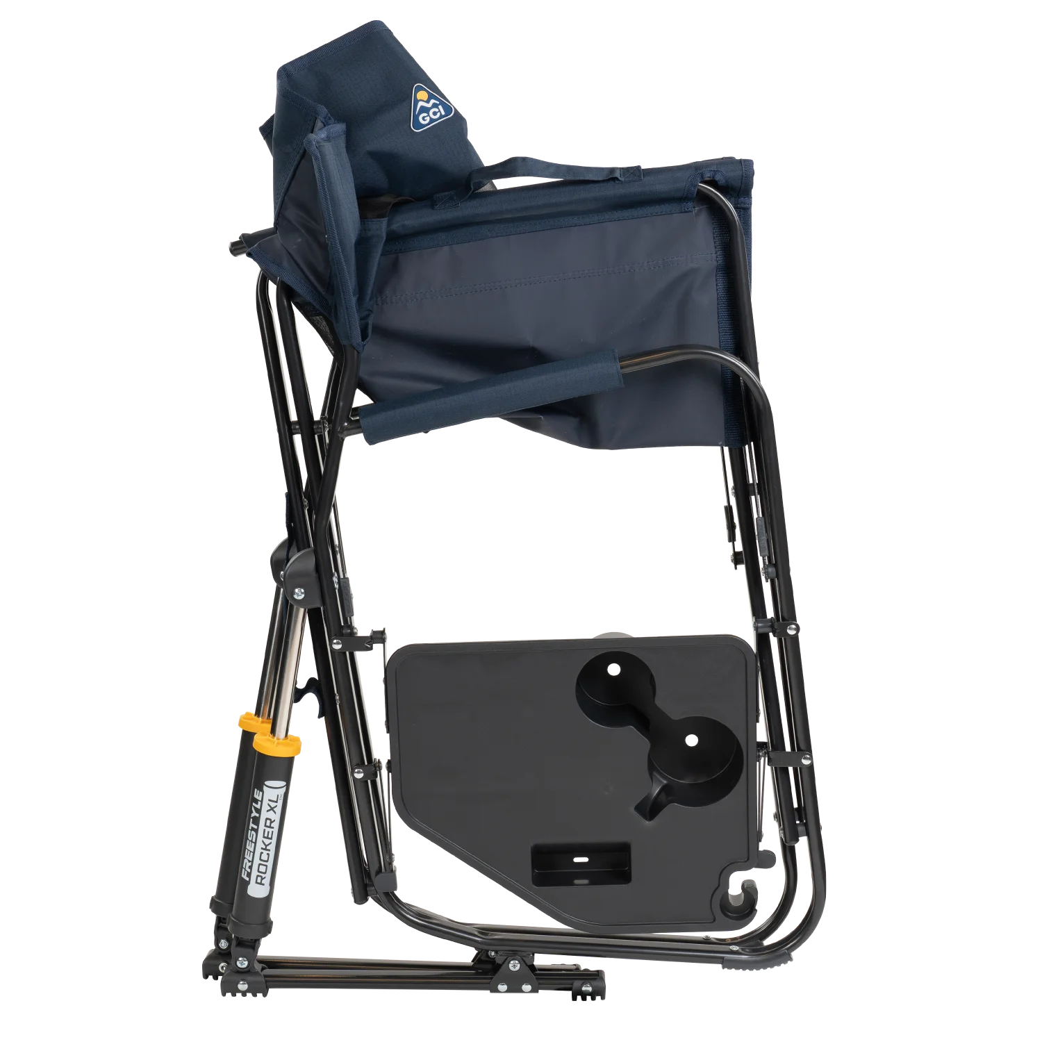 Side view of the folded Freestyle Rocker XL with Side Table in indigo.