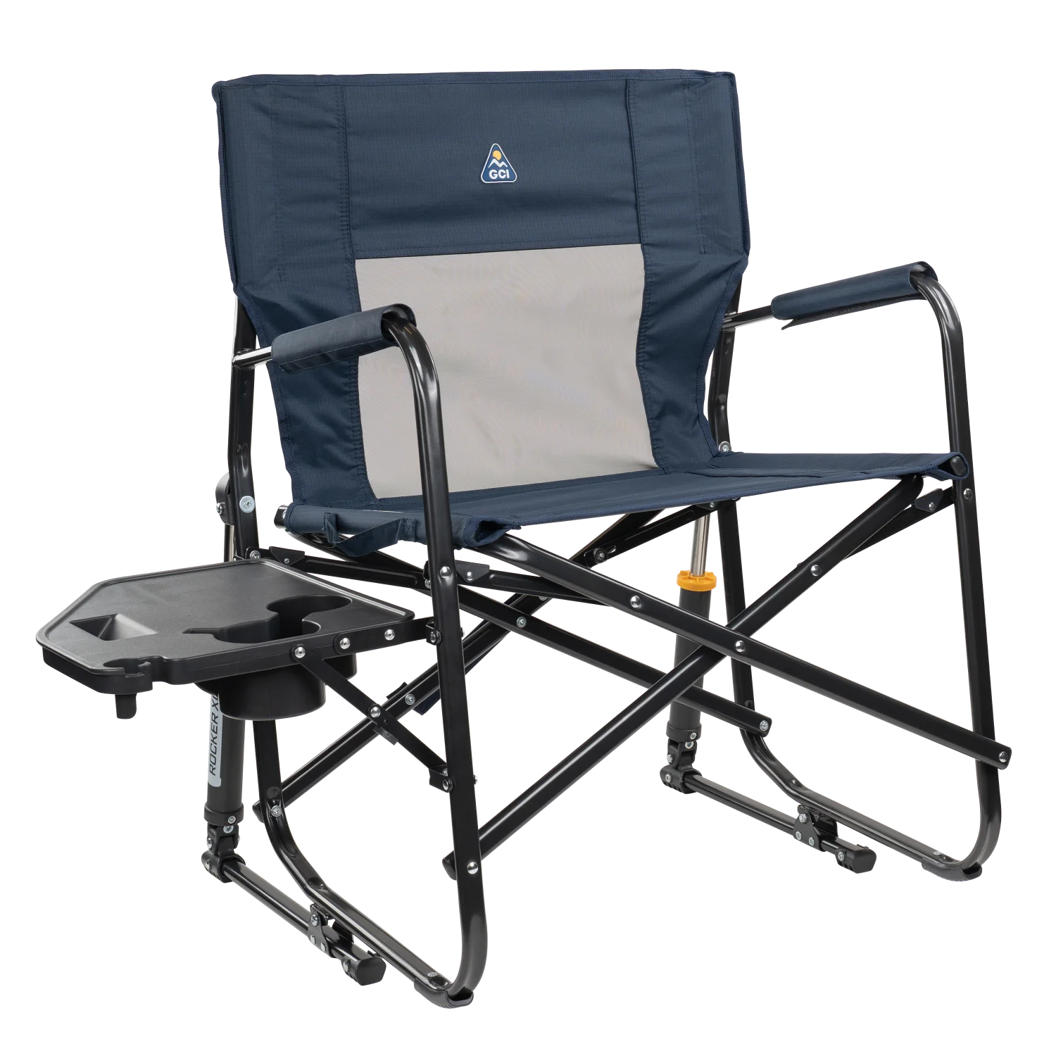 Front right view of the indigo Freestyle Rocker XL with Side Table with the side table folded out.
