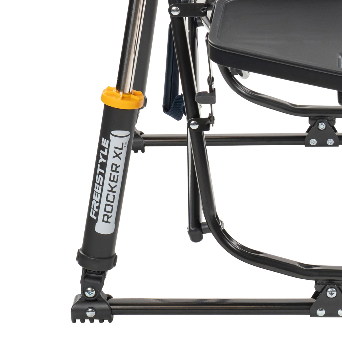 Close-up of the Spring-Action shocks on the indigo Freestyle Rocker XL with Side Table.