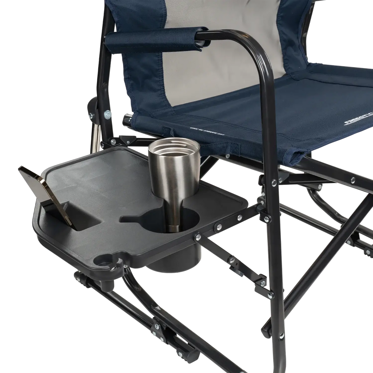 Close up view of the side table on the indigo Freestyle Rocker XL with Side Table.