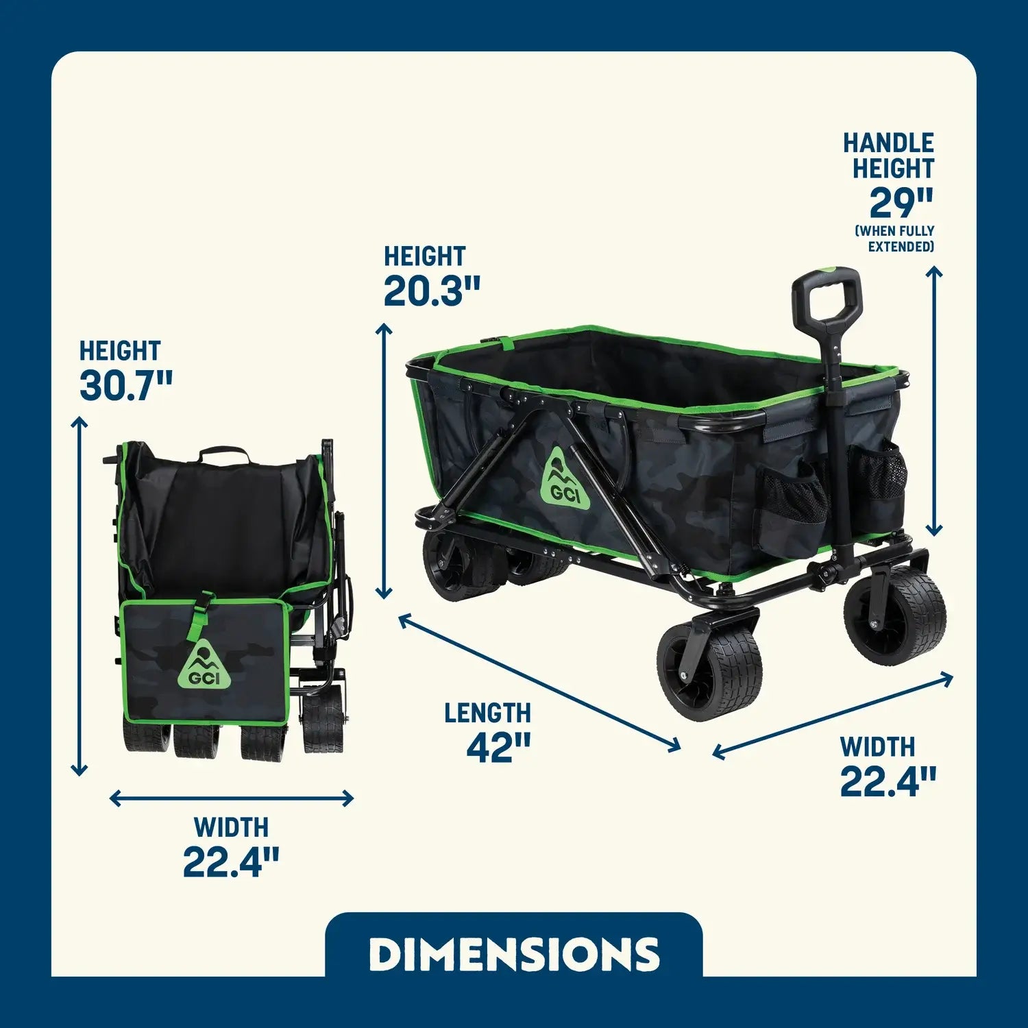 Stealth Camo Go-Hauler shown open and folded, with height, width, depth, and handle height labeled.