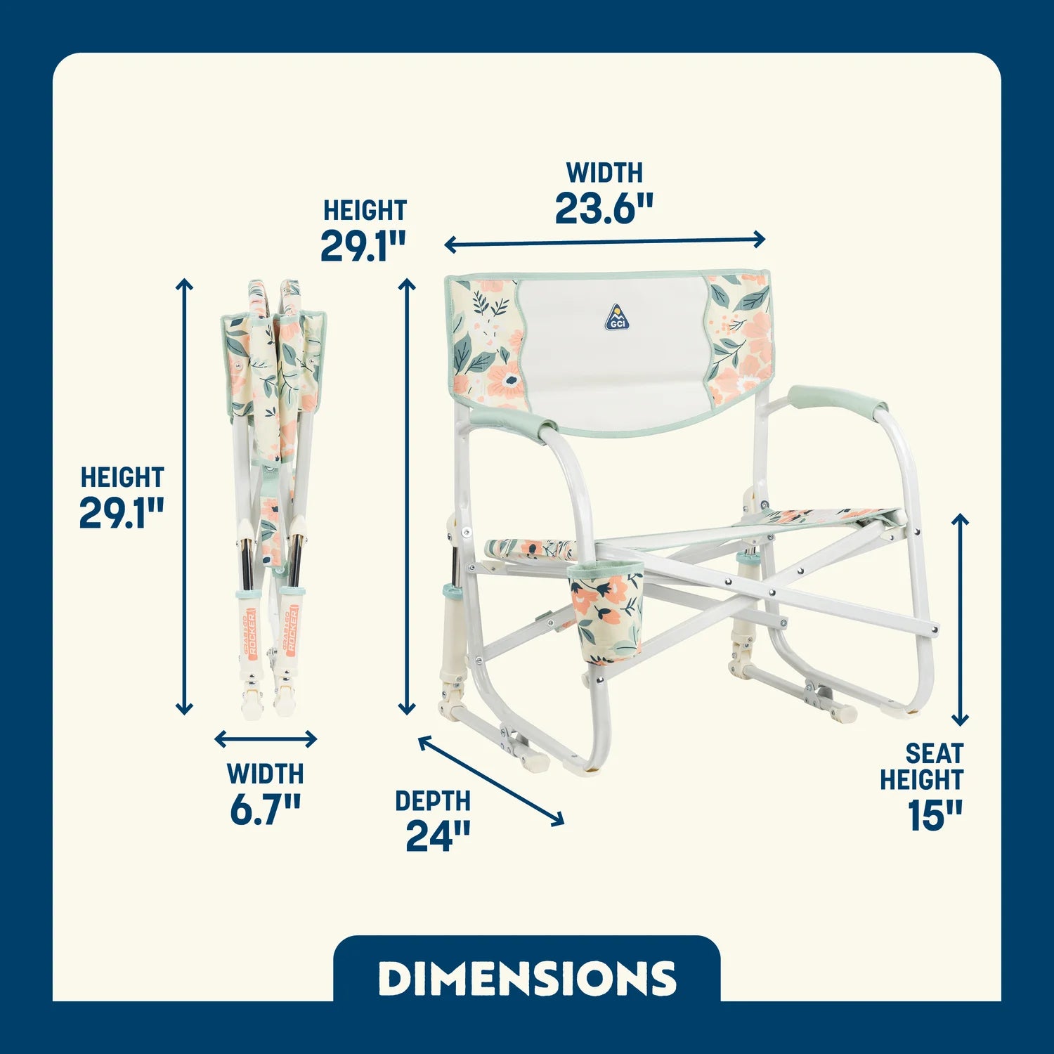 Grab & Go Rocker in Floral Bouquet shown open and folded, with seat height, width, depth, and total height labeled.