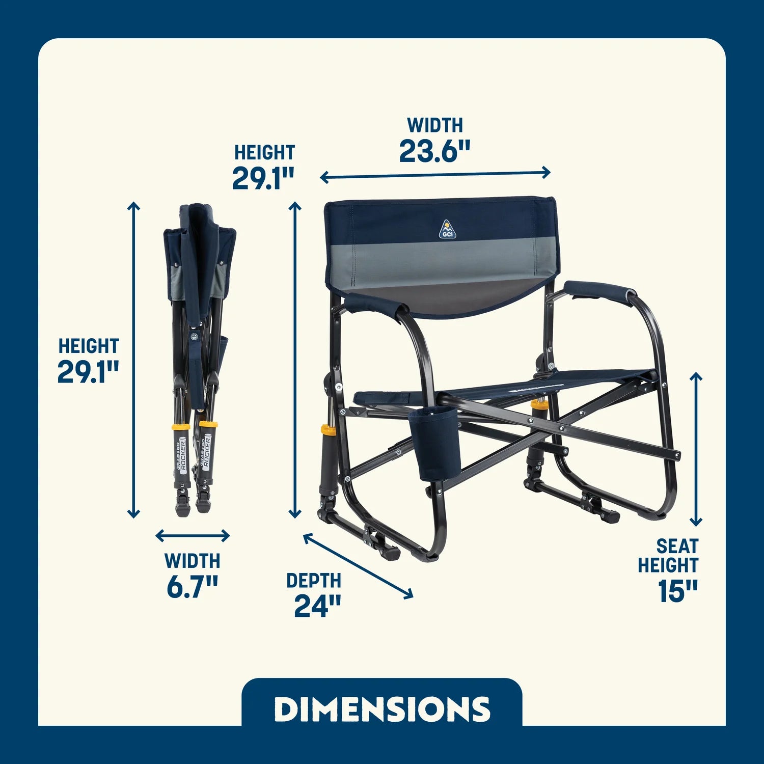 Grab & Go Rocker in Indigo Color Block shown open and folded, with seat height, width, depth, and total height labeled.