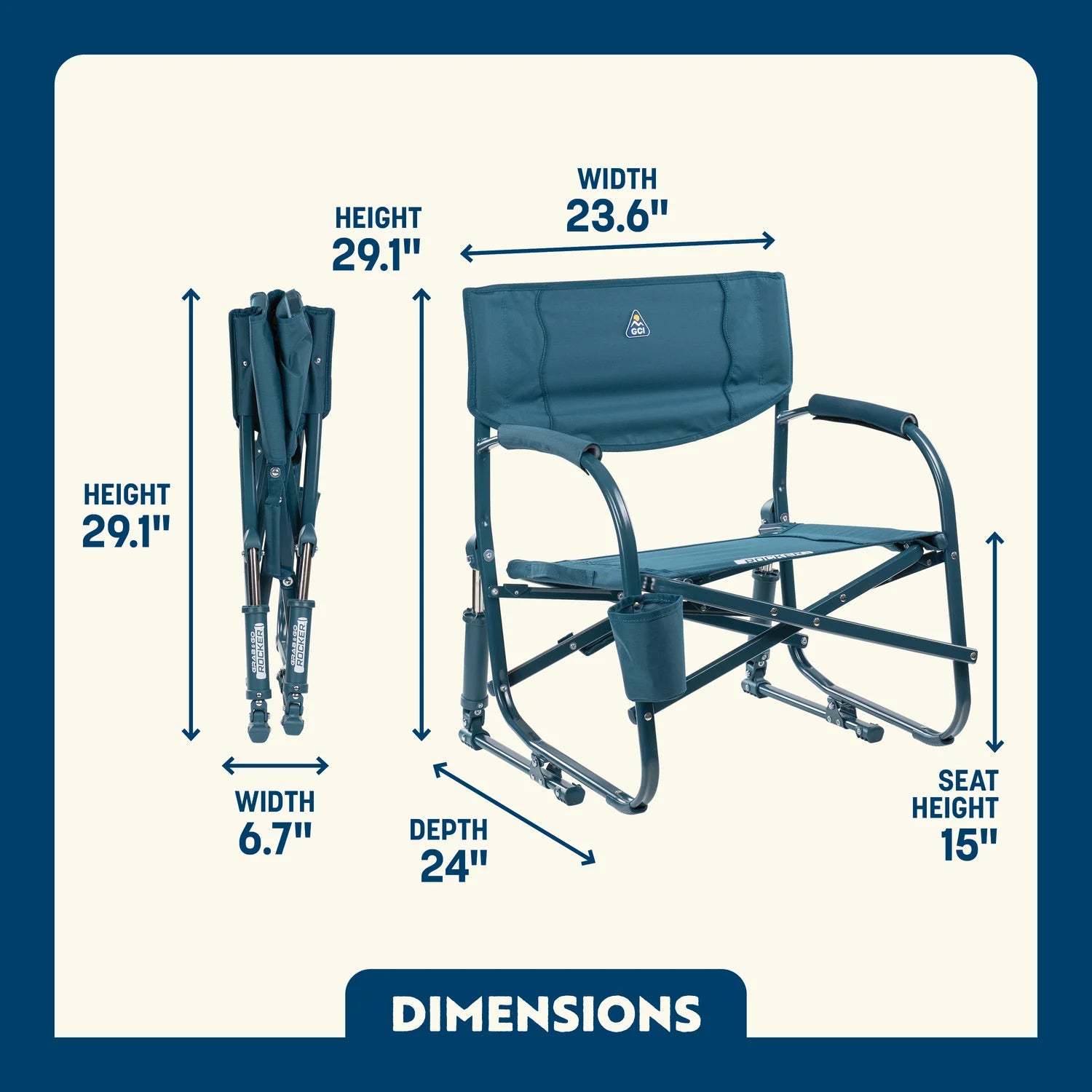 Grab & Go Rocker in Teal shown open and folded, with seat height, width, depth, and total height labeled.