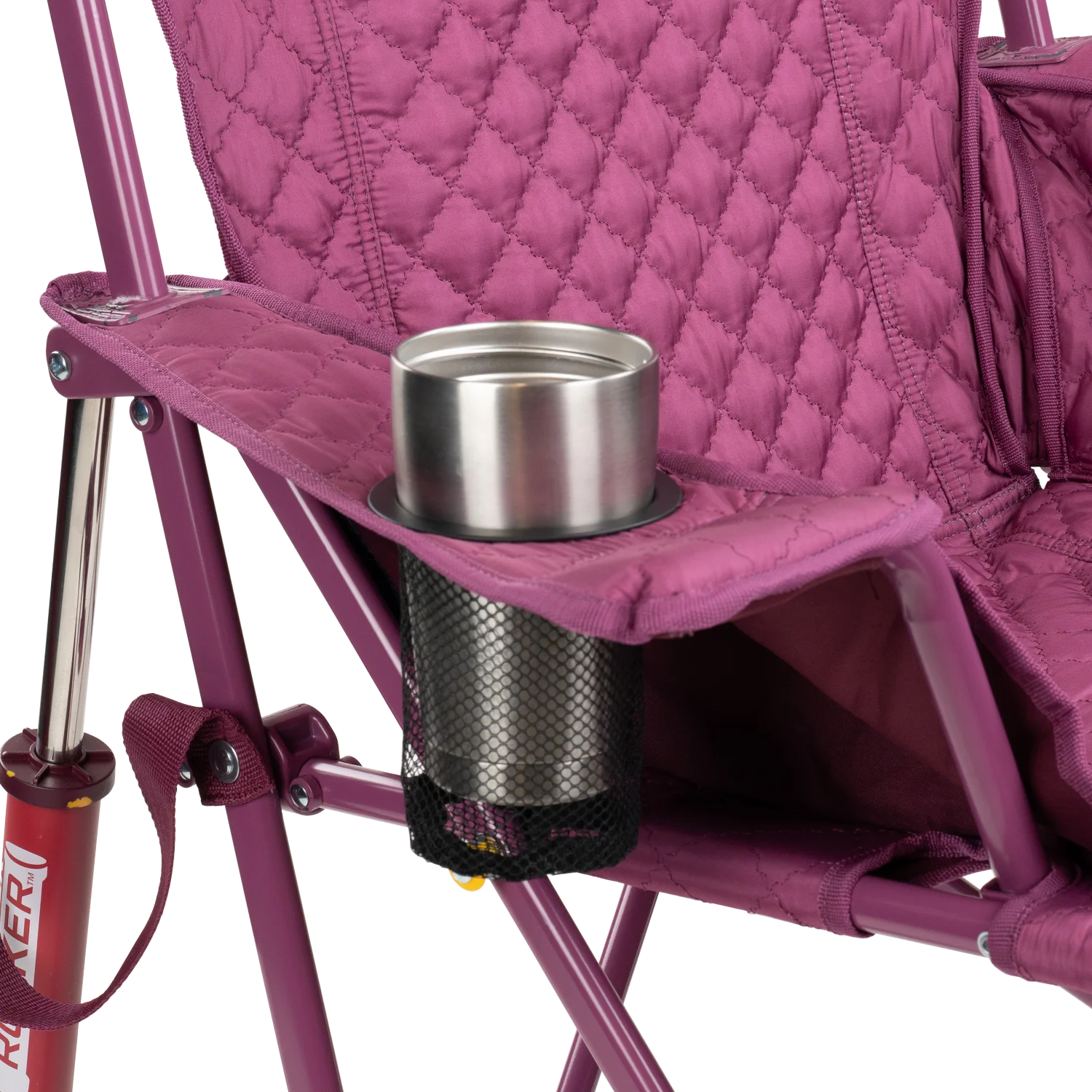 Close up view of the beverage holder on the berry Kickback Insulated Rocker.