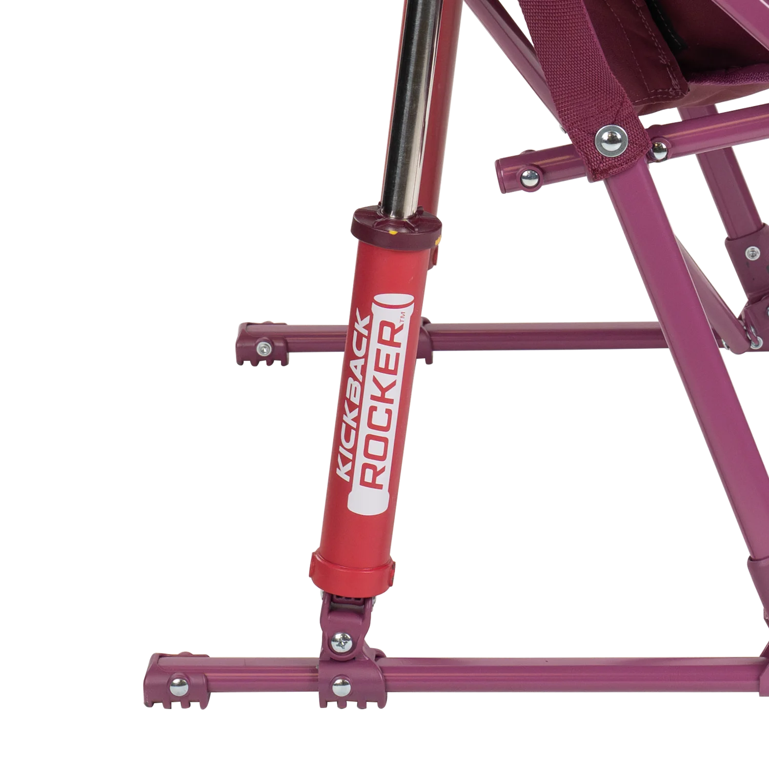 Close up view of the Spring-Action shocks on the berry Kickback Insulated Rocker.