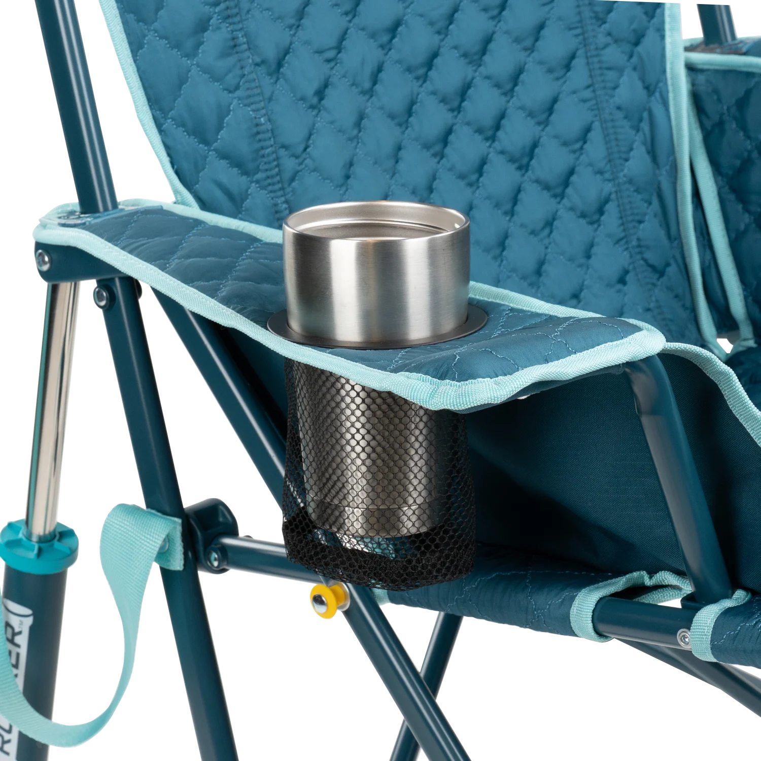 Close up view of the beverage holder on the teal Kickback Insulated Rocker.