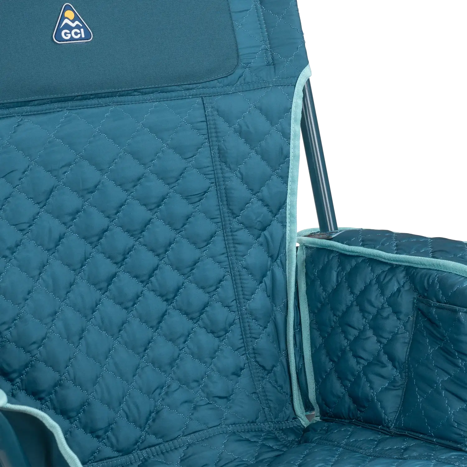 Close up view of the quilted fabric on the teal Kickback Insulated Rocker.