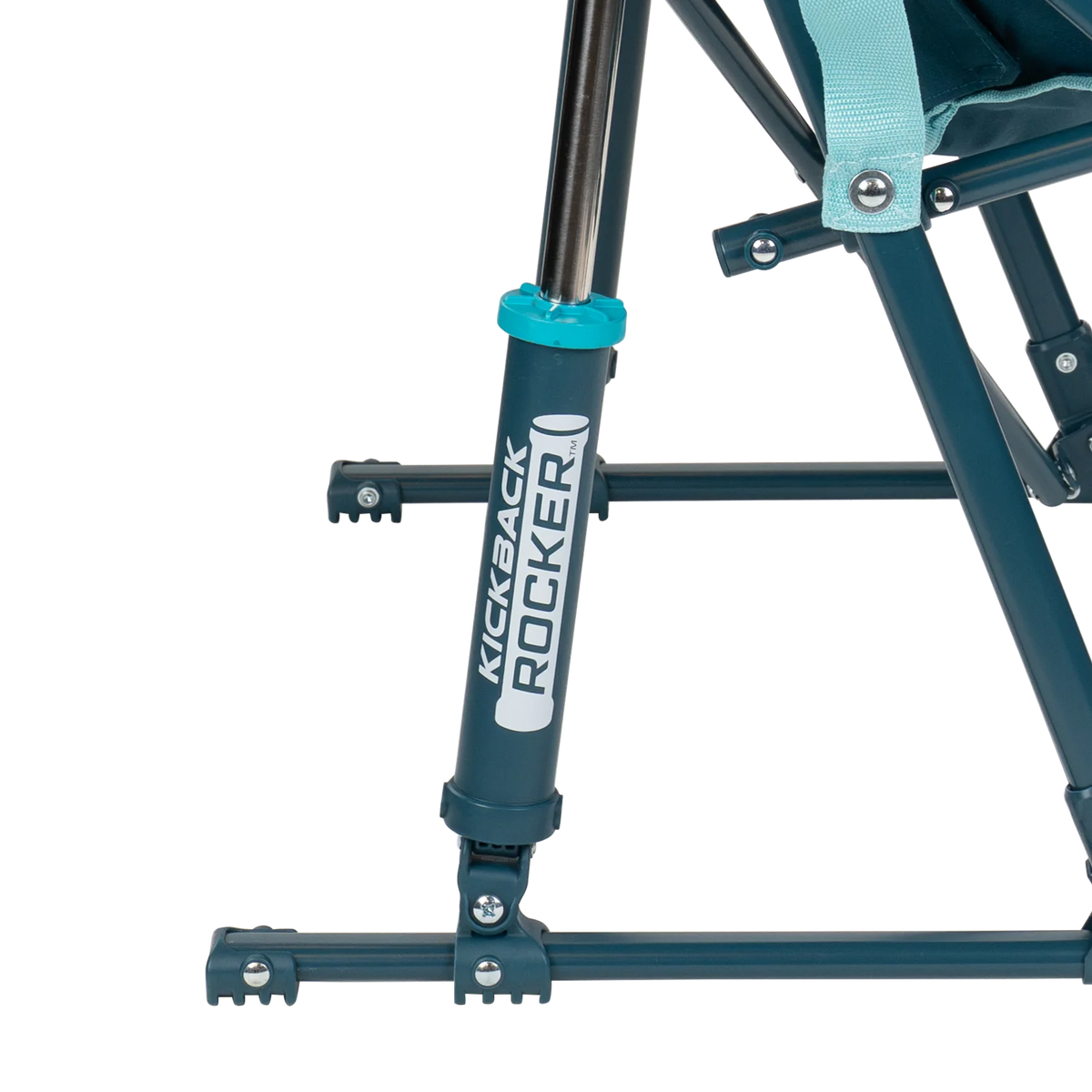 Close up view of the Spring-Action shocks on the teal Kickback Insulated Rocker.