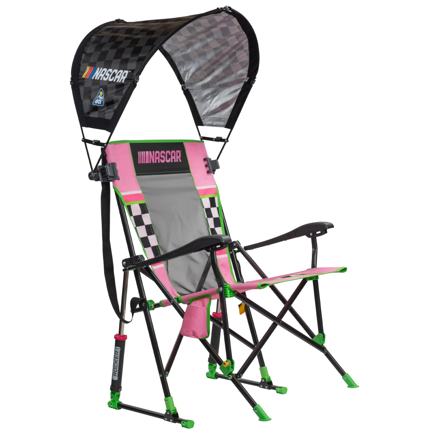 NASCAR For Her Bundle featuring RoadTrip Rocker camping chair with colorful racing stripe design and included SunShade Accessory canopy.