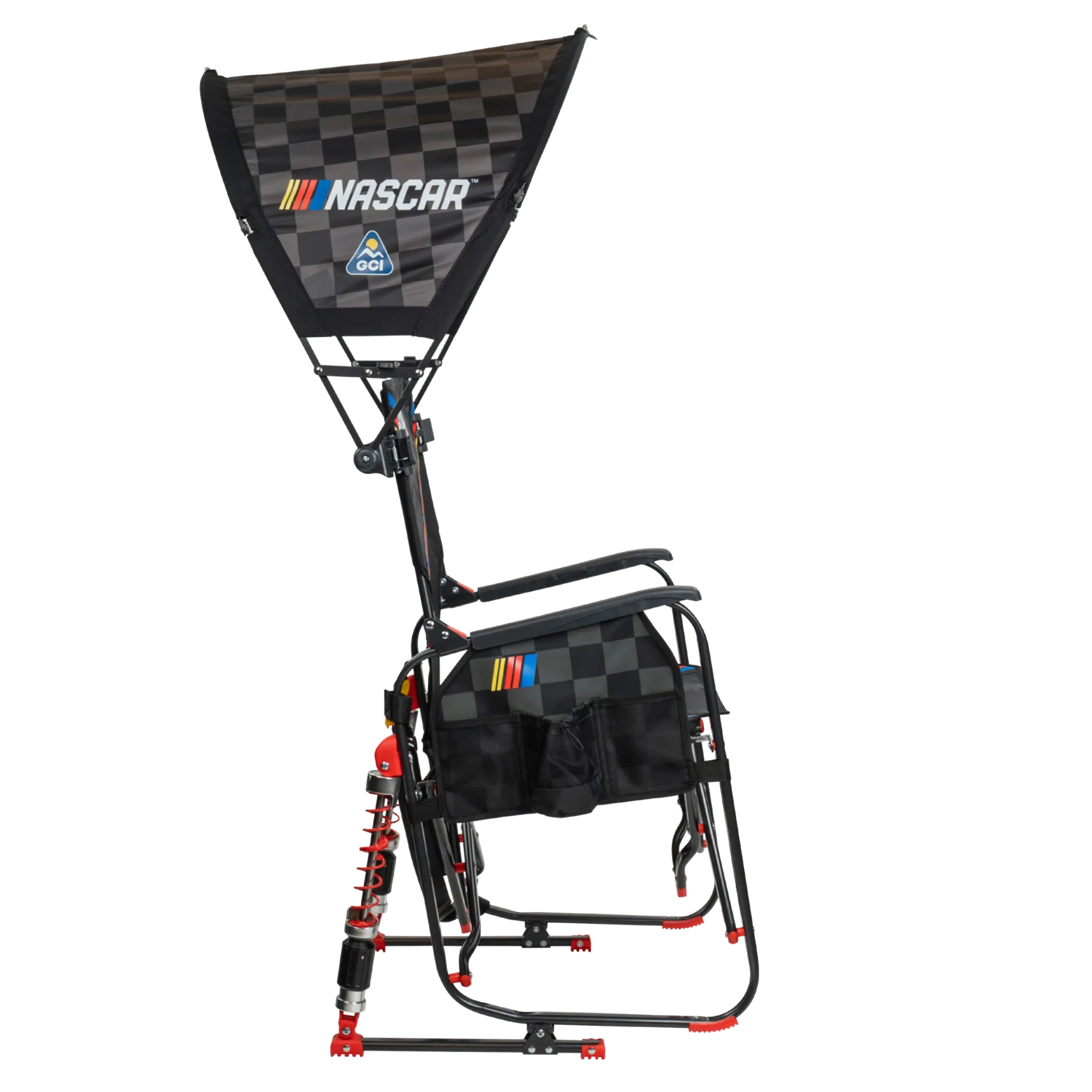 Side angle of NASCAR Bundle featuring Adjustable Rocker camping chair with black checkered racing design and SunShade Accessory canopy.
