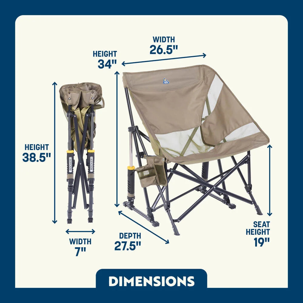Aged Fatigue Pod Rocker Elite shown open and folded, with labeled seat height, width, and depth; includes cup and phone holder.