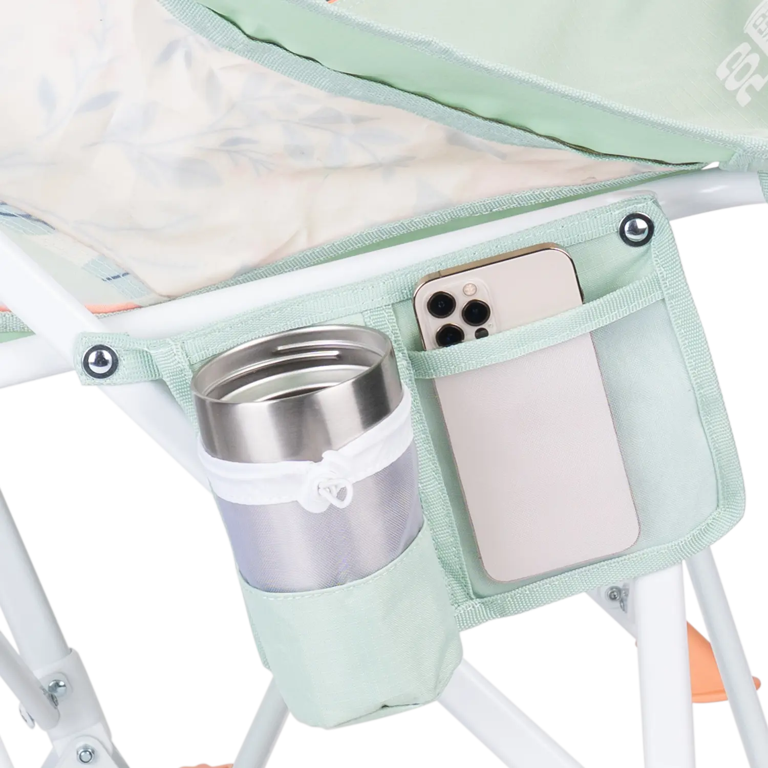 Close-up of the phone pocket and beverage holder on the floral bouquet Pod Rocker.