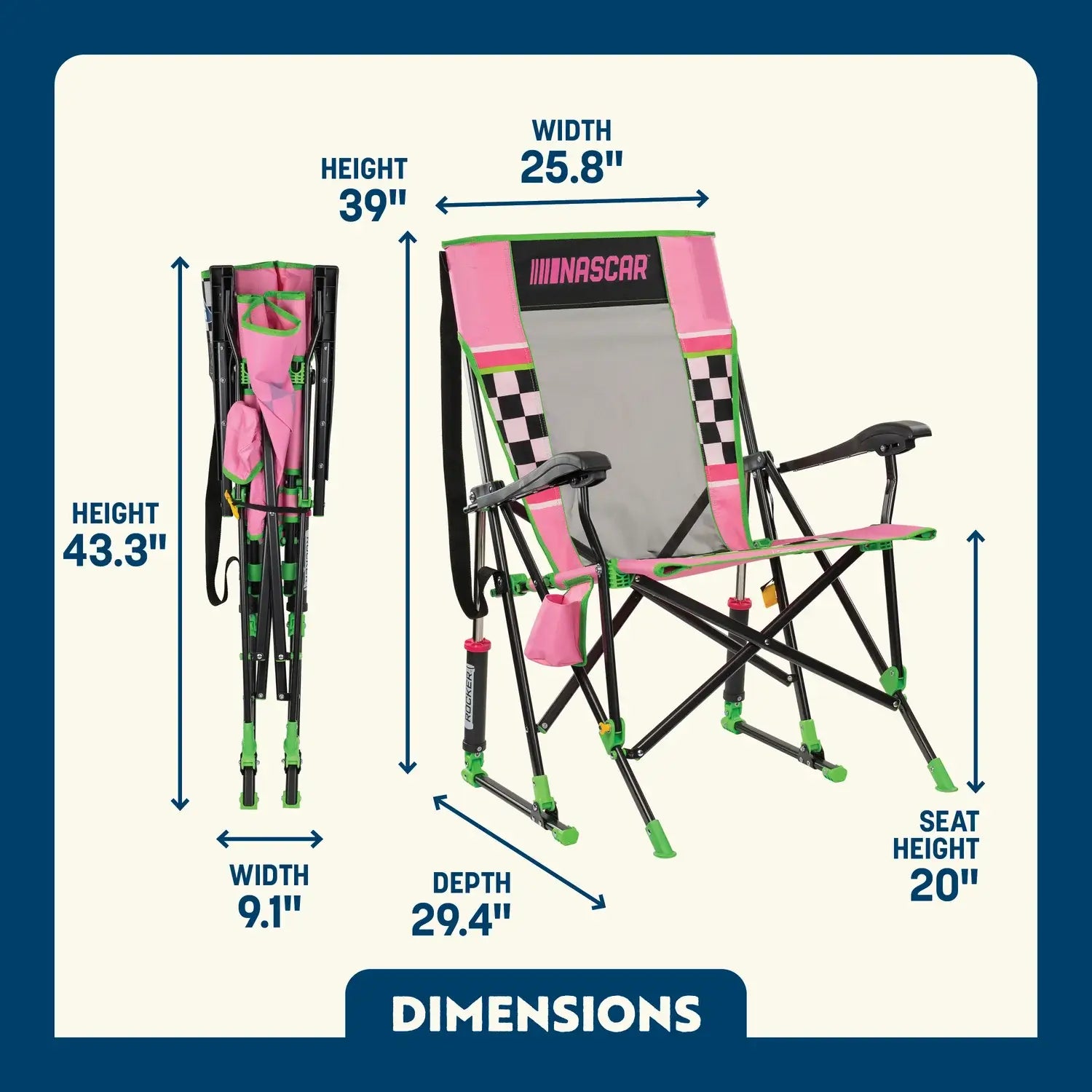 Dimensions overview of the NASCAR for her roadtrip rocker.