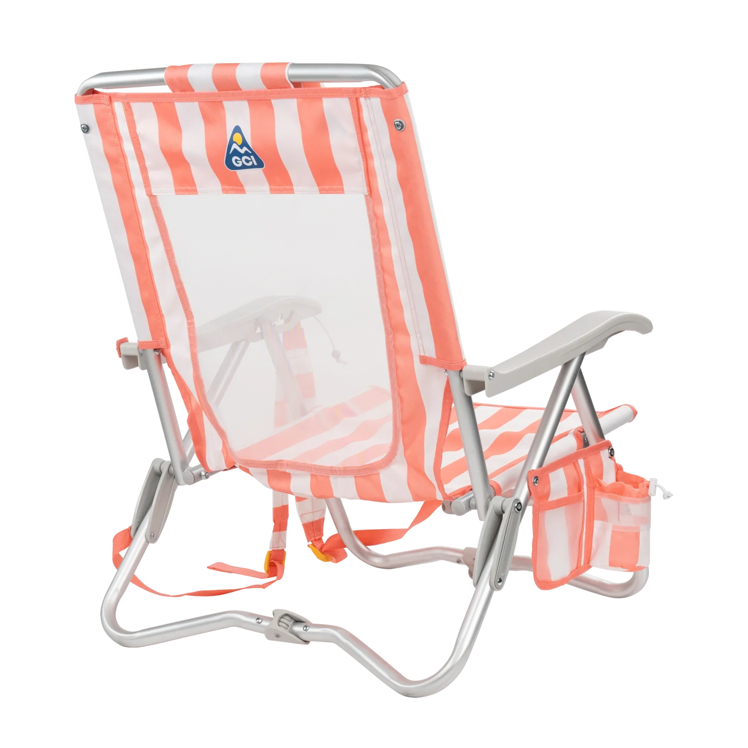 Back right angle of the SideKick lounger in coral stripes.