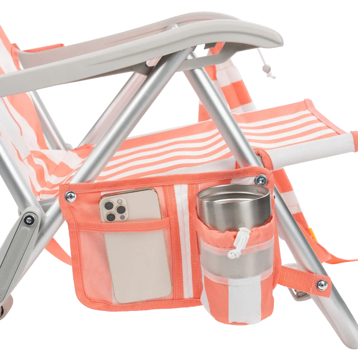 Close-up of the phone pocket and beverage holder on the SideKick lounger in coral stripes.