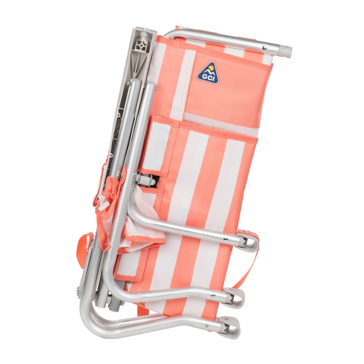 Side angle of the folded SideKick lounger in coral stripes.