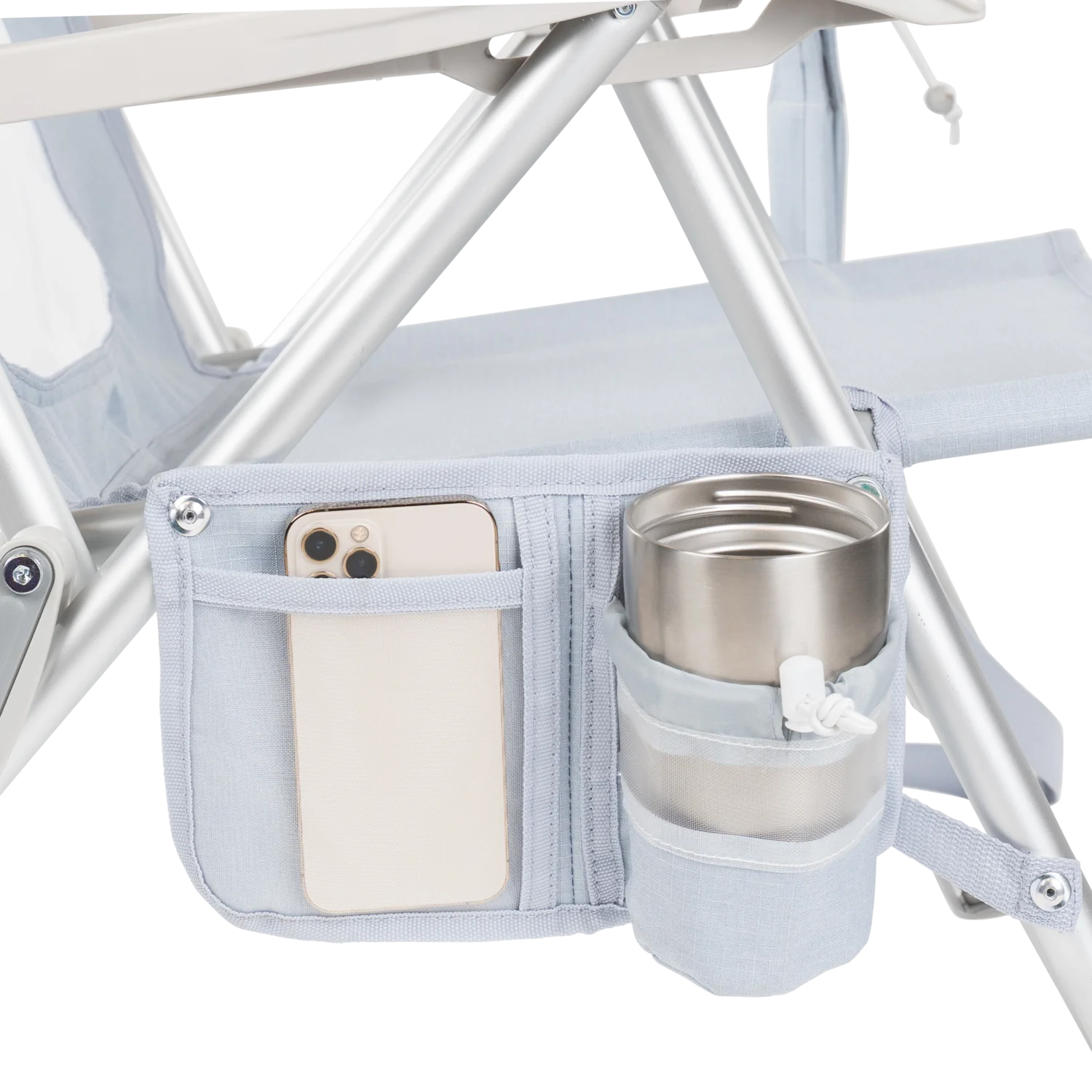 Close-up of the phone pocket and beverage holder on the SideKick lounger in heathered light blue.