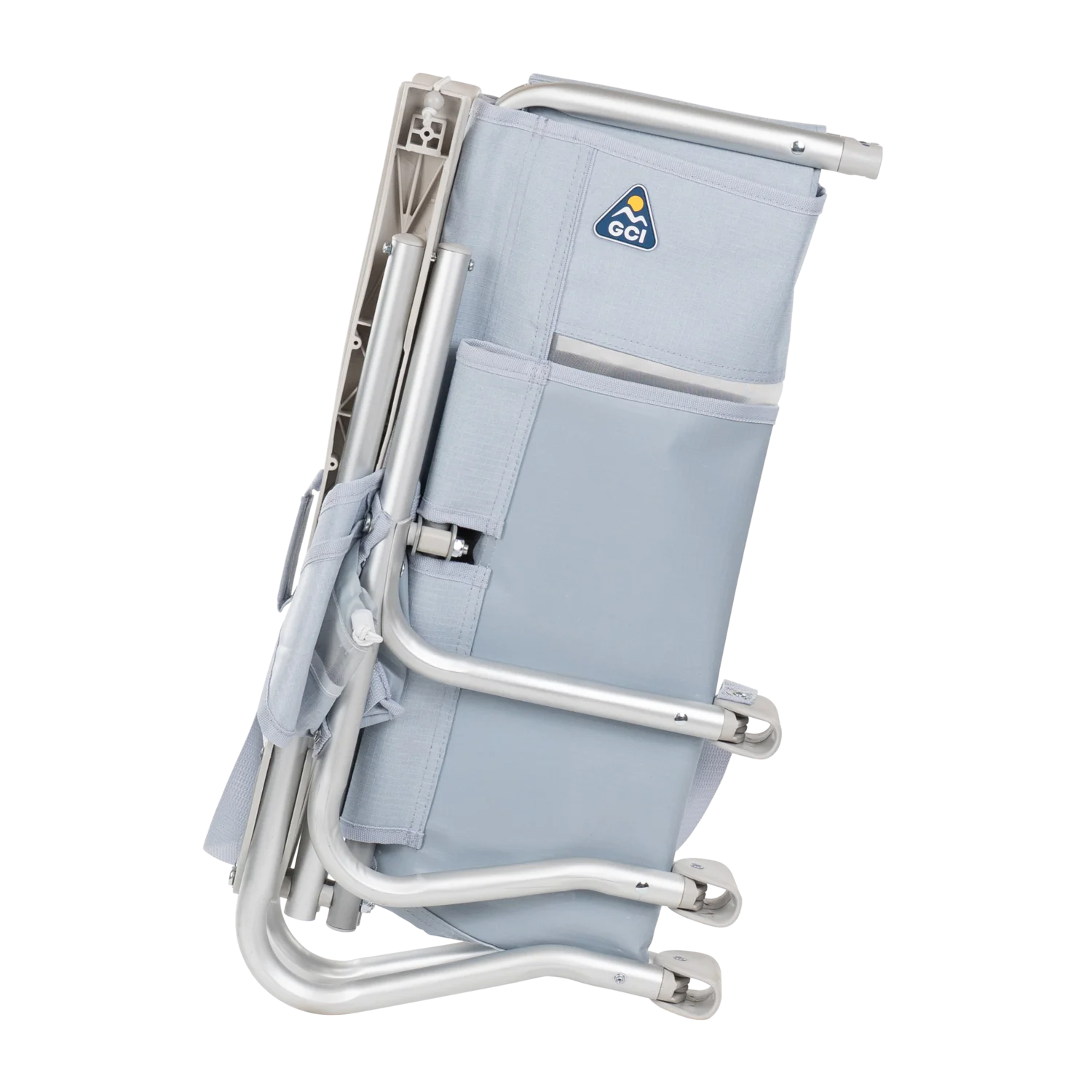 Side angle of the folded SideKick lounger in heathered light blue.