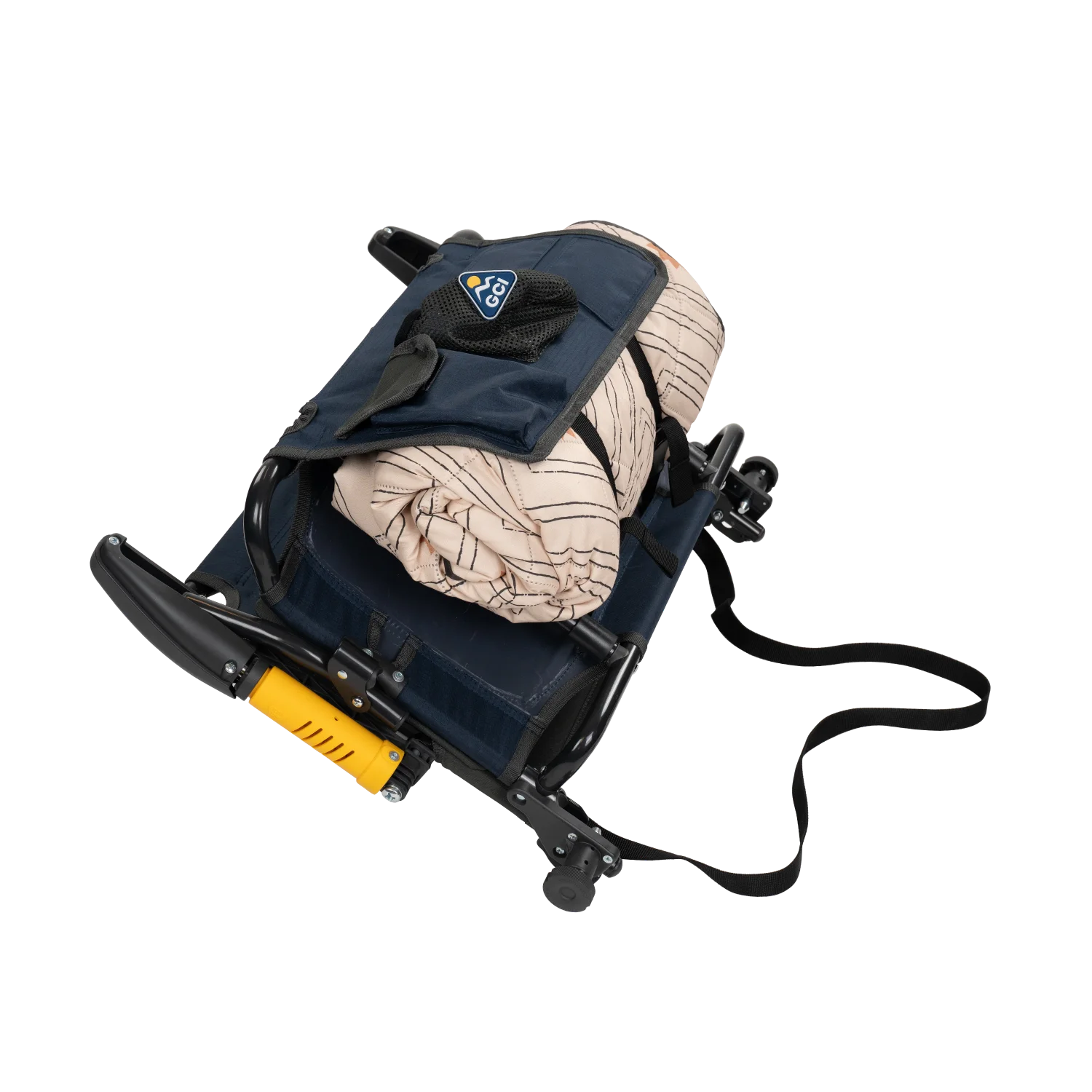 A rolled blanket stored in the pack & port caddy on the folded indigo Stadium Rock-Cliner 2.0.
