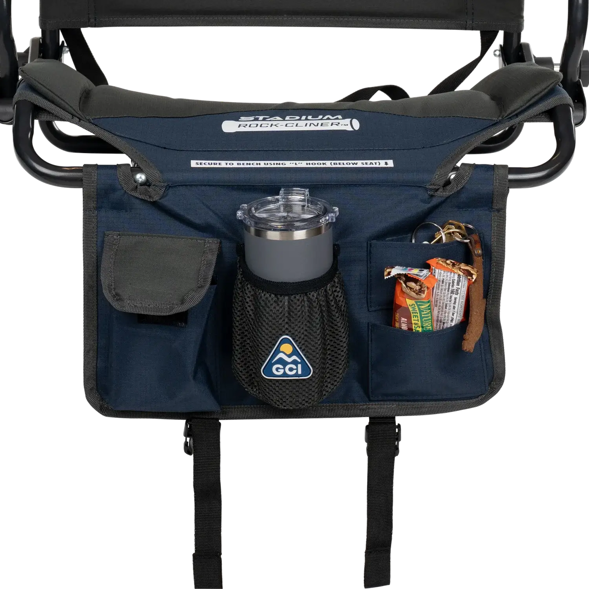 Close-up of the pack & port caddy on the indigo Stadium Rock-Cliner 2.0.