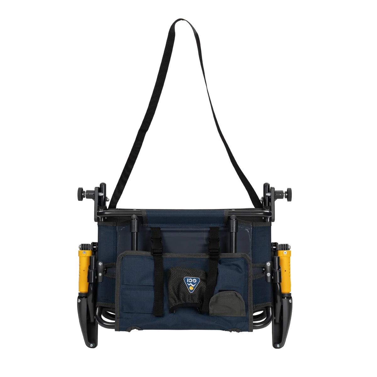 The pack & port caddy on the folded indigo Stadium Rock-Cliner 2.0.