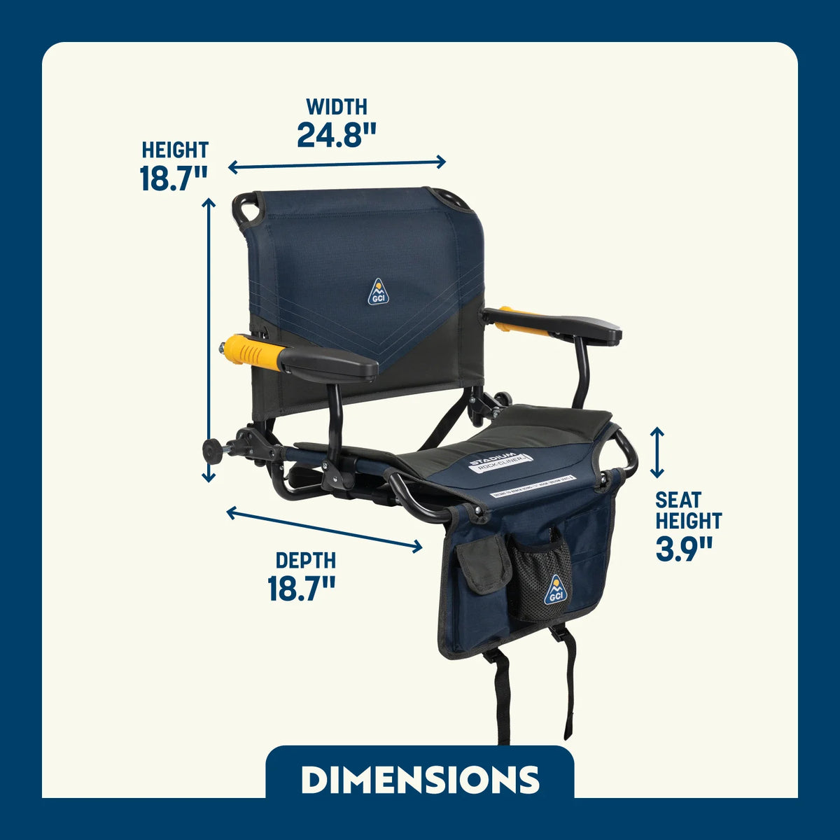 Dimension overview of the Stadium Rock-Cliner 2.0, showing labeled seat height, width, depth, and back height.