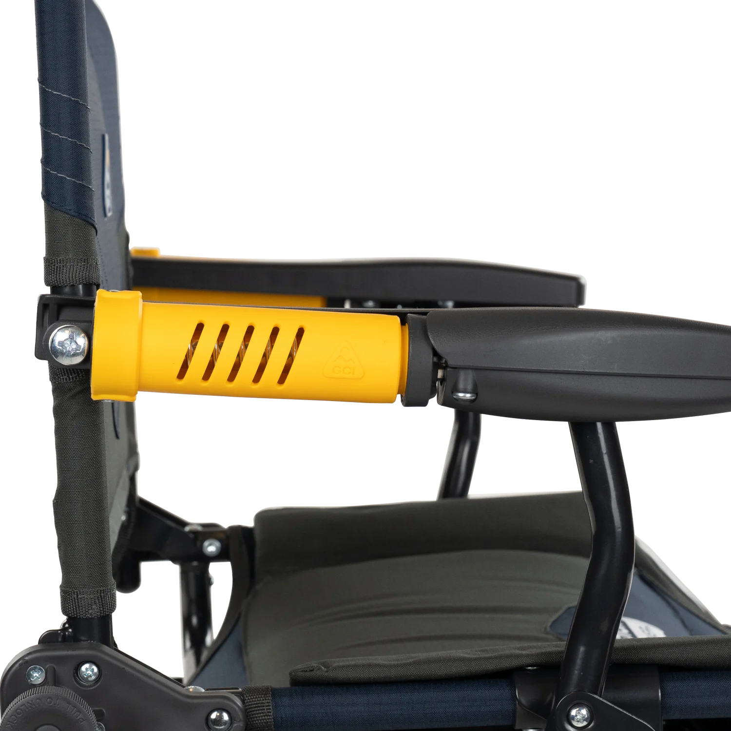Close-up of the Flex-Recline Shock System on the indigo Stadium Rock-Cliner 2.0.
