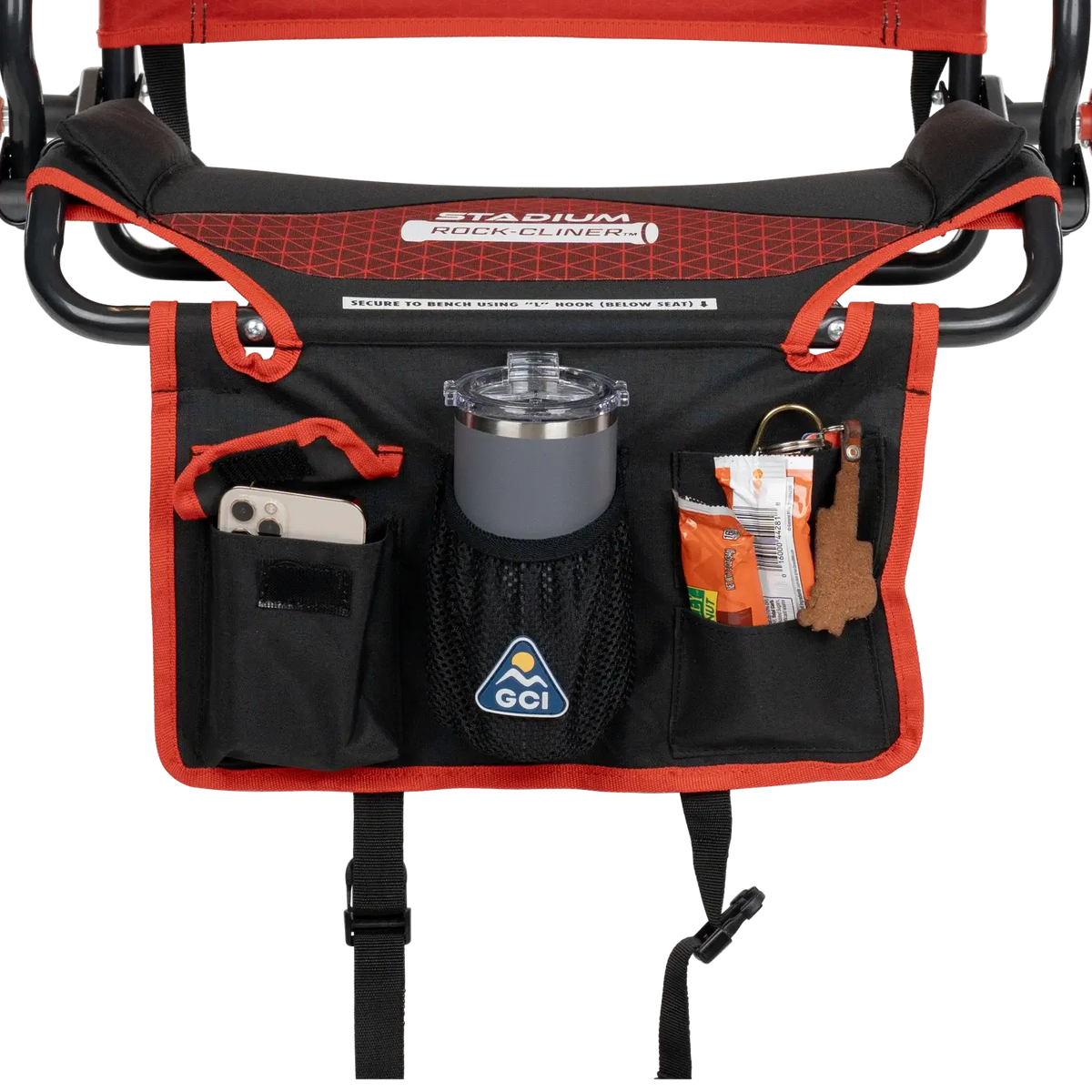 Close-up of the pack & port caddy on the redline fade Stadium Rock-Cliner 2.0.