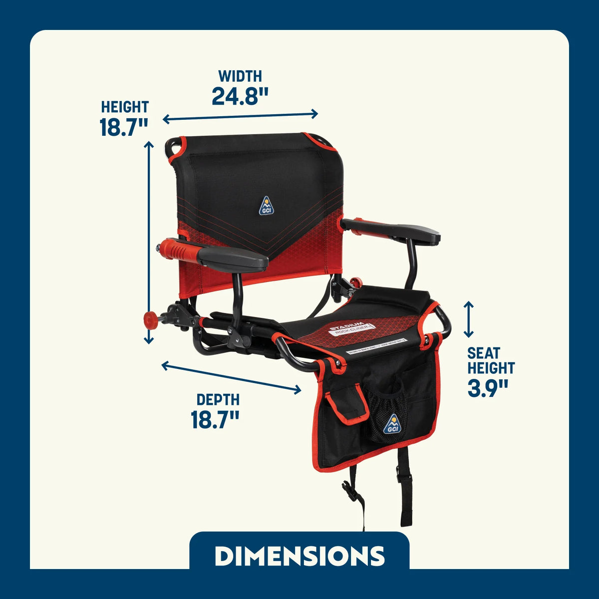 Dimension overview of the Stadium Rock-Cliner 2.0, showing labeled seat height, width, depth, and back height.